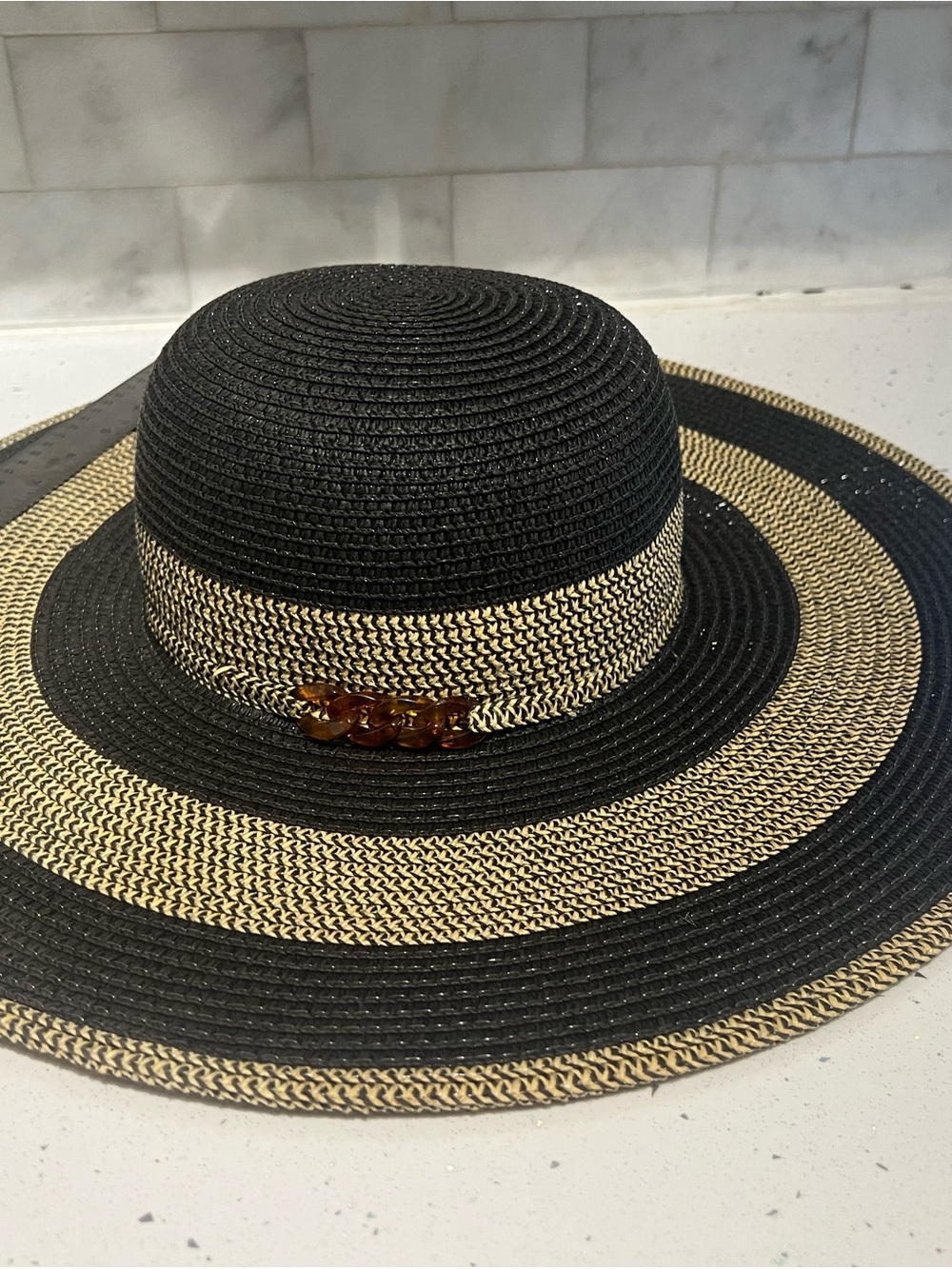 Black and Natural Straw Sun Hat with Tortoiseshell Accent